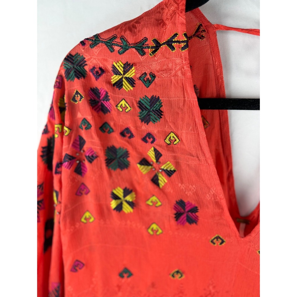 Free People Coral Red Embroidered Boho VNeck Balloon Sleeve Blouse Top Small NWT - Picture 2 of 9